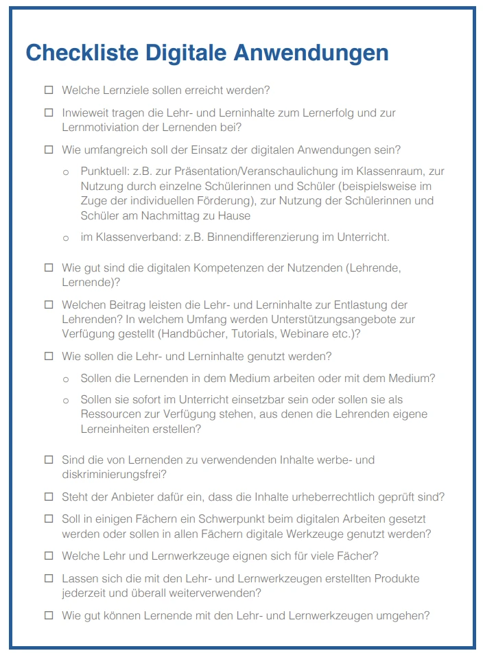 Checkliste digitale Anwendung